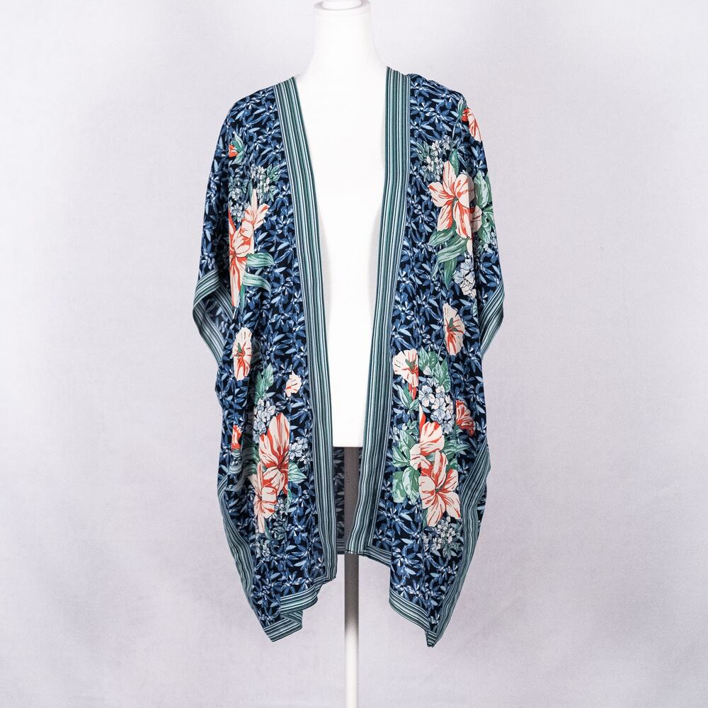 Max Studio Floral Kimono Caftan Wrap Cover Up Boho Lagenlook Women's Size SMALL